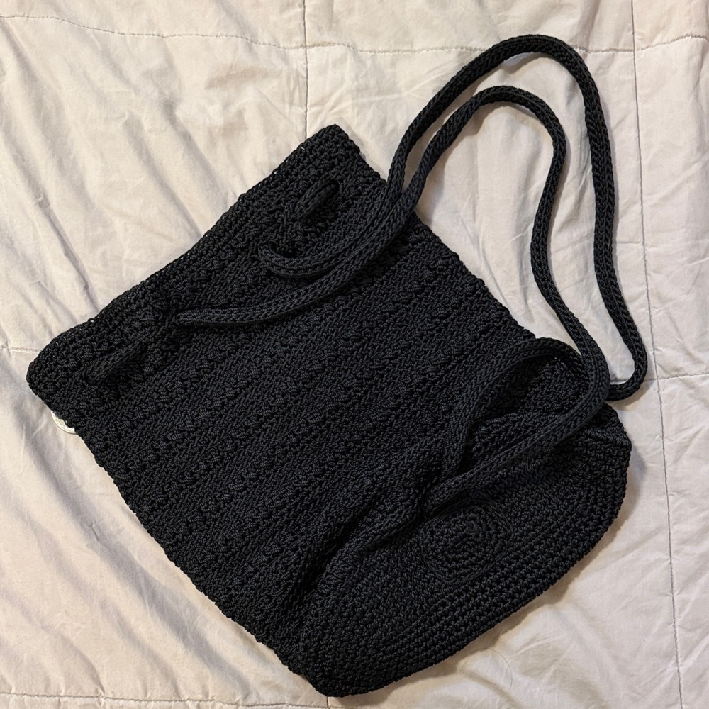 The Sak Black Crochet Drawstring Backpack Purse - Picture 2 of 5
